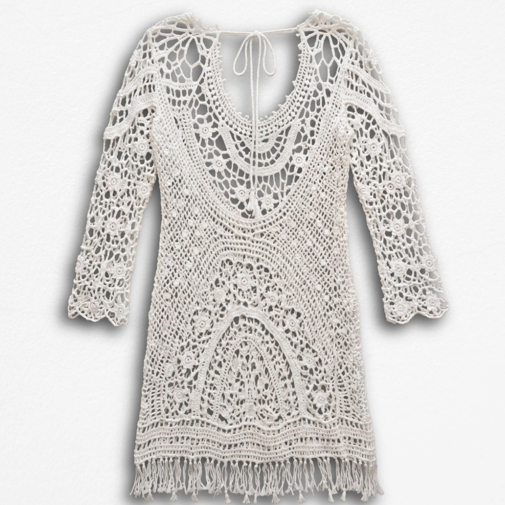 White Cotton Crochet Mini Dress Long Sleeve Fringe Boho Beach Cover Up OS